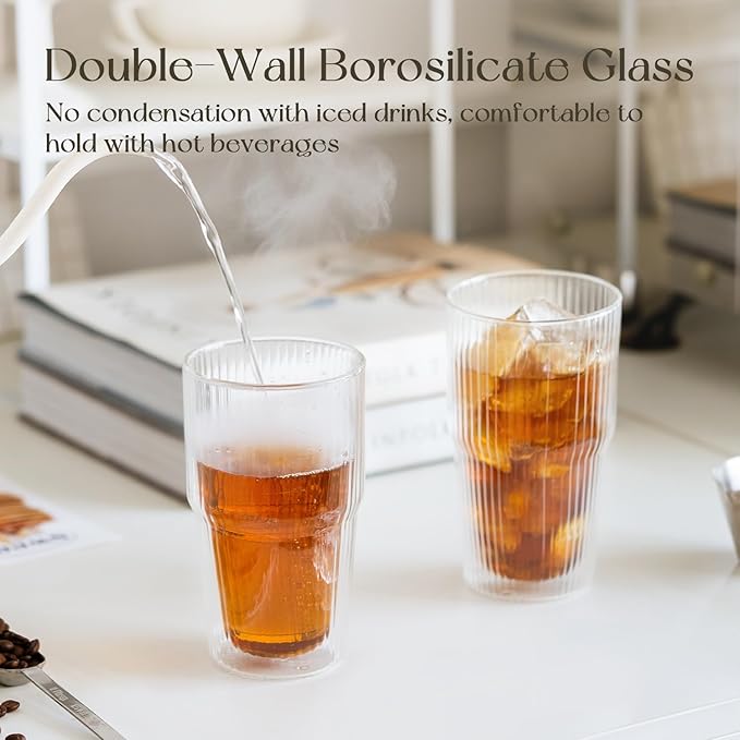 KEMORELA 16 oz Set of 4 Ribbed Glass tumbler,Double Wall Iced Coffee Cups with Lids,Coffee Bar Accessories, Insulated Borosilicate Glass Tumblers, To Go Coffee Cups, Spill proof