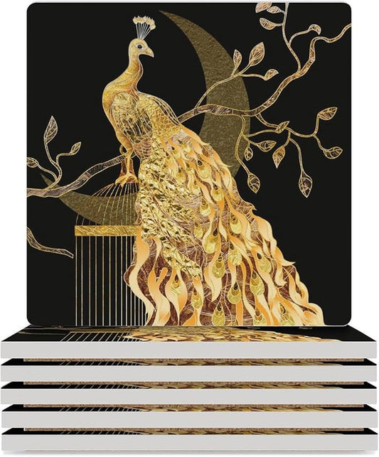Square-6PCS Peacock Ceramic Coasters, Square Absorbent Drink Coasters, Vintage Tree Branch Beautiful Gold Peacock Ceramic Table Coasters for Coffee, Beverage, Wine, Beer Coasters
