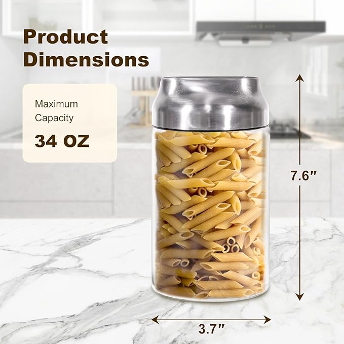 Aelga 34oz Glass Food Jars Canisters with Lid, Wide Mouth Storage Jars with Airtight Lids, Clear Food Storage Containers for Flour, Cereal, Coffee, Nuts & More