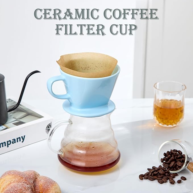 Pour Over Coffee Dripper, Ceramic Pour Over Coffee Maker with 3 Holes Flat Bottom, Easy Manual Brew Maker, Porcelain Slow Filter Cone for Travel, Camping, Office, Home, Blue