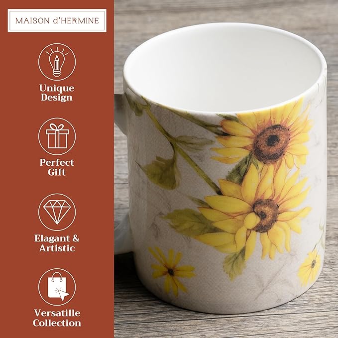 Maison d' Hermine Coffee Mug with Handles Fine Bone China Mugs Pack of One Tea Cups for Hot Beverages Cappuccino Latte Home Restaurant Office Perfect for Gift (Candice - Tournesol, 12 Ounce)
