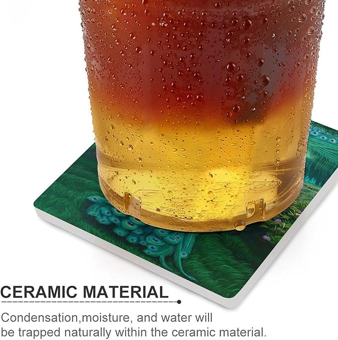 Square-6PCS Peacock Ceramic Coasters, Square Absorbent Drink Coasters, Vintage Tree Branch Beautiful Plant Floral Green Peacock Ceramic Table Coasters for Coffee, Beverage, Wine, Beer Coasters