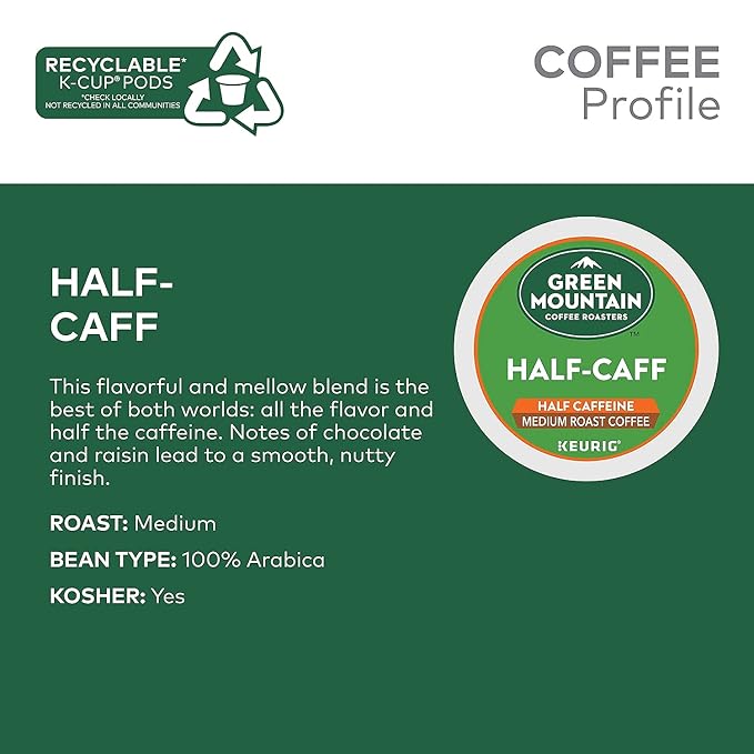 Green Mountain Coffee Roasters Half Caff, Single-Serve Keurig K-Cup Pods, Medium Roast Coffee, 24 Count