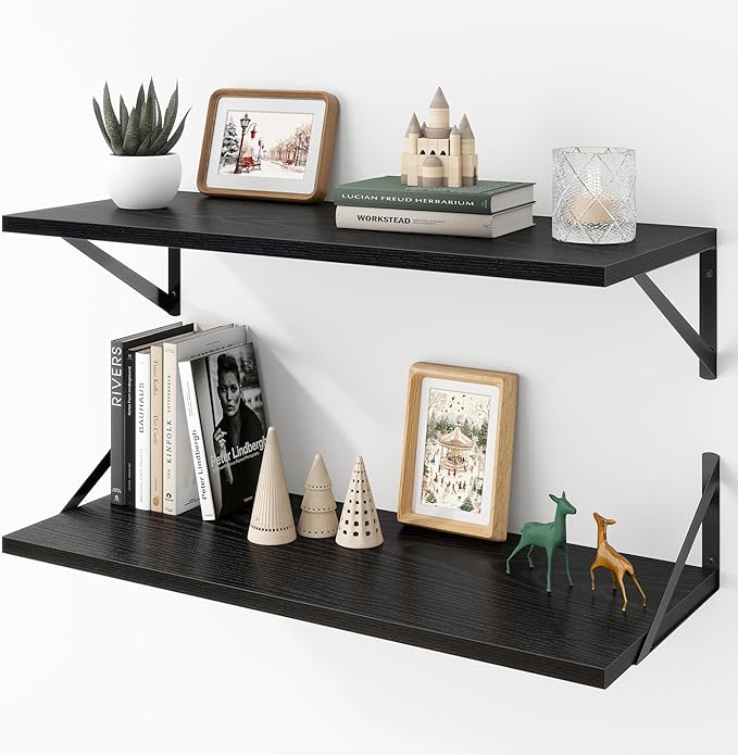 Deep Floating Shelves Wall Mounted, 30"x12" Black Wall Shelves with Brackets Set of 2 for Bedroom, Living Room, Bathroom, Kitchen, Office - Storage & Display Shelf for Decor, Books, Plants