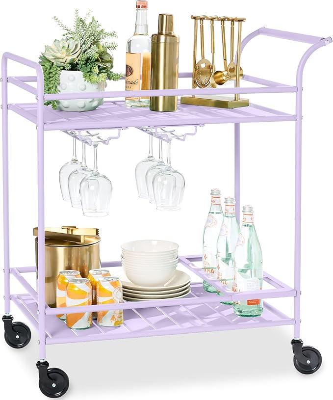 Best Choice Products Rolling Bar Cart, Mobile Home Bar Serving Cart, Serving Station w/ 2 Tier Shelves, Wine Rack, Lockable Wheels - Lavender