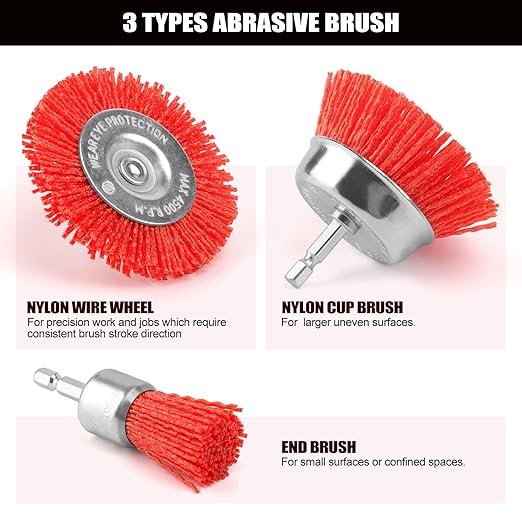 POLIWELL Nylon Abrasive Brush for Drill, 6 Pack Nylon Filament Wire Wheel & Cup Brush Set, 1/4 Inch Hex Shank, 3” and 2.6” Red Coarse Abrasive Bristle Drill Brushes for Paint, Corrosion, Rust Removal