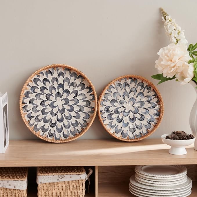 YANGQIHOME Round Serving Tray with Handle, Rattan Tray with Decorative Mother of Pearl Inlay, Round Wicker Trays for Home Decor, Coffee Table, Gifts, Dining,13.8 inch
