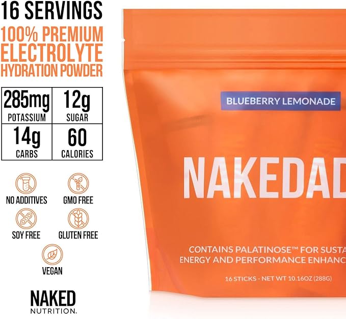 Nakedade Blueberry Lemonade – Performance Enhancing Sports Drink Powder - Electrolyte Powder – No GMOs or Artificial Sweeteners, Gluten-Free, Soy-Free, Dairy-Free – 16 Sticks