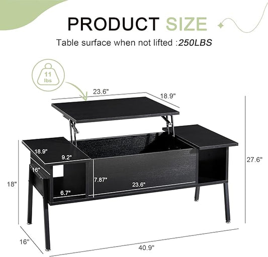 VECELO Wood Lift Top Coffee Table with Hidden Compartment and Storage Shelf for Living Room/Office Reception, Rising Tabletop, Black