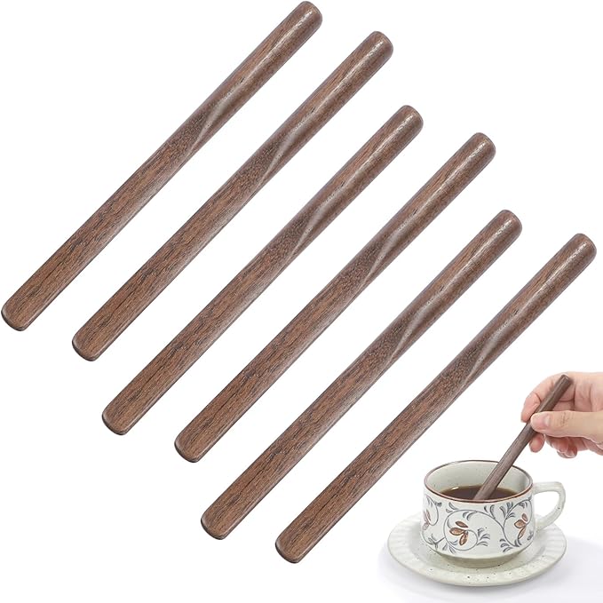 FEUNLEM Black Walnut Wood Coffee Stirrers, 6Pcs 6 Inch Reusable Stir Sticks for Coffee, Tea, Milk, Espresso, Peanut Butter Spreader, Multifunctional Wooden Stirrers with Smooth Finish (Brown, 6pcs)