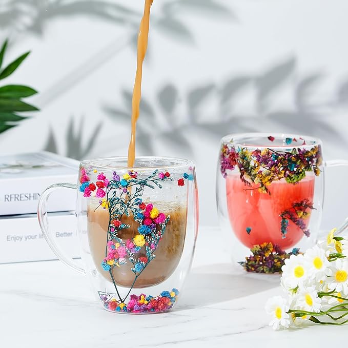 Rtteri 2 Pcs Double Wall Glass Coffee Mugs Clear Flower Coffee Mug with Handle 350 ml Creative Insulated Heat Resistant Coffee Cups for Tea Cappuccino Espresso Latte (Immortal Flower, Baby's Breath)