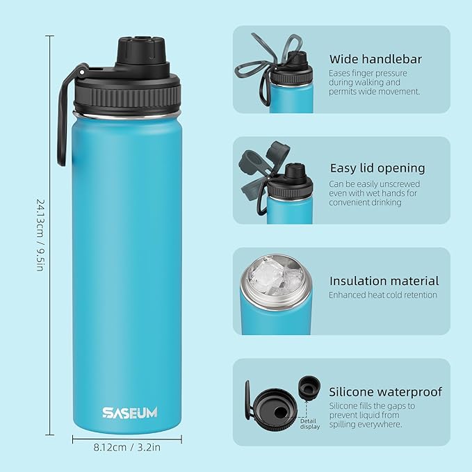SASEUM Sport Water Bottle 22oz Stainless Steel Double Wall Vacuum Thermal Mug with Leak Proof Spout Lids, Wide Mouth Metal Insulated Water Jug for Gym and Travel（Sky Blue）