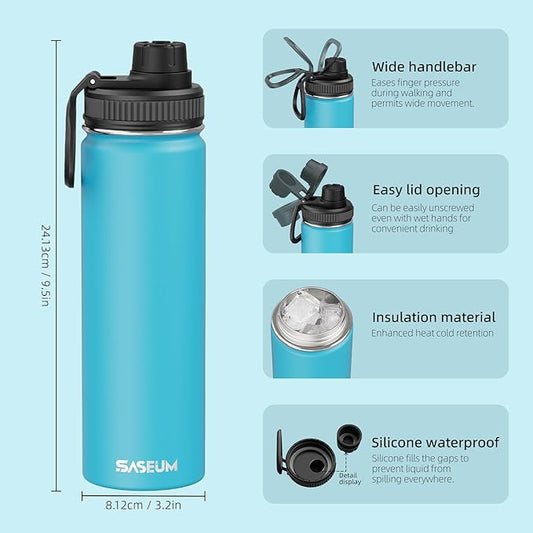 SASEUM Sport Water Bottle 22oz Stainless Steel Double Wall Vacuum Thermal Mug with Leak Proof Spout Lids, Wide Mouth Metal Insulated Water Jug for Gym and Travel（Sky Blue）