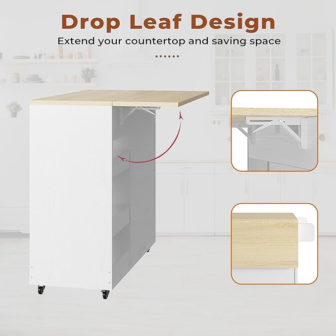LIKIMIO Kitchen Island with Drop Leaf, Rolling Kitchen Island Cart on Wheels with Storage, Microwave Cart with Pull Out Open Shelves and Drawer, Mobile Kitchen Storage Islands, White