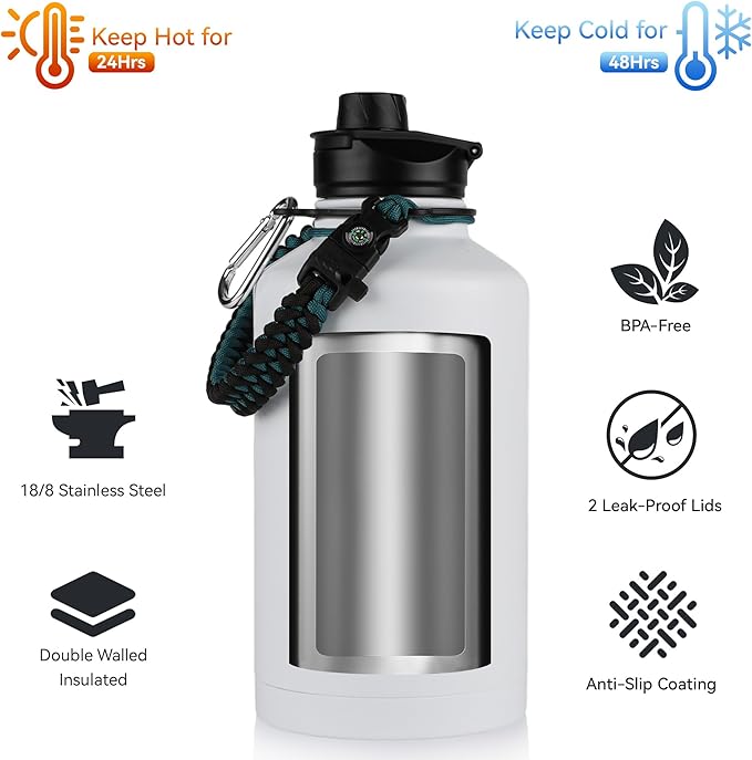 64 oz Insulated Water Bottle with Straw & Spout Lids, Stainless Steel Metal Half Gallon Water Jug with Paracord Handle, Double Wall Vacuum, Leakproof, Keep Drinks Cold & Hot, Ruby Purple Gradient
