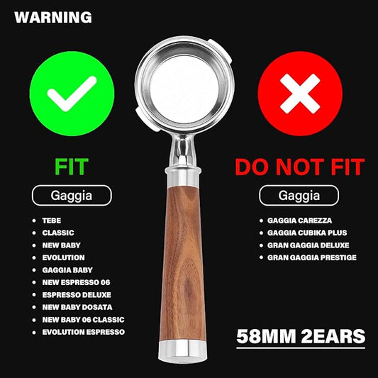 58mm Espresso Bottomless Portafilter with 2 Ear | Fits Most Gaggia Espresso Machine | Food Grade Stainless Steel Basket and Walnut Handle | 58mm Espresso Machine Accessories