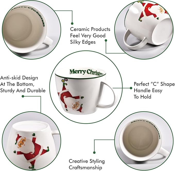 Merry Christmas Coffee Mug Huge Novelty Cup Funny Ceramic Soup Bowl with Handle, 30 oz Wide, Multi-purpose, Santa Mug for Co-workers, Friends, Holiday Decor, White Green Letters