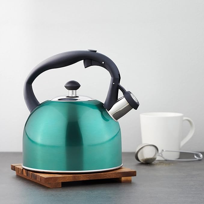 Amazon Basics Stainless Steel Tea Kettle, Hot Water Kettle with Whistle Spout, Fast Boiling, Ergonomic Handle, 2.3 Liter, Teal