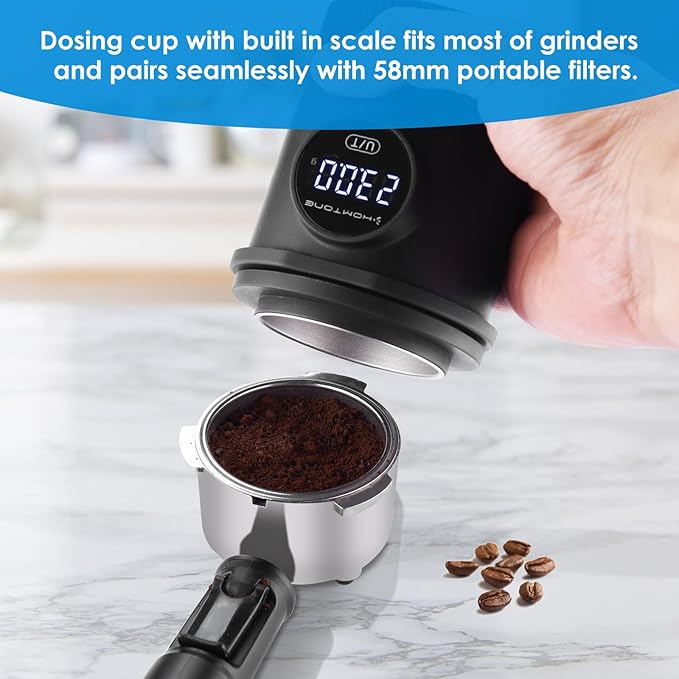 HOMTONE Espresso Dosing Cup & Digital Scale Combo - 0.05g Precision, USB-C Rechargeable, 58mm Portafilter Compatible - Stainless Steel Interior, Black