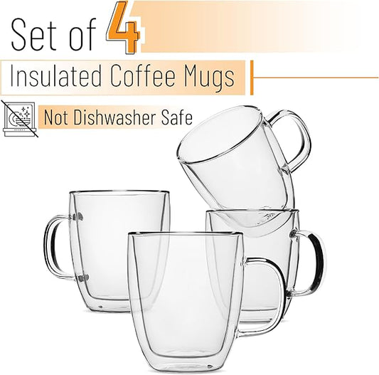 BTaT- Double Walled Glass Coffee Mugs, 16 oz, Set of 4, Glass Coffee Cups with Handle, Insulated Clear Coffee Mug for Hot and Cold Beverages, Cappuccino, Latte, Tea, Americano, Microwave Safe