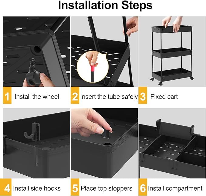 SPACELEAD Slim Storage Cart 3 Tier,Bathroom Organizer Rolling Utility,Mobile Shelving Unit Slide Out for Office, Kitchen, Laundry Room & Narrow Places,Black