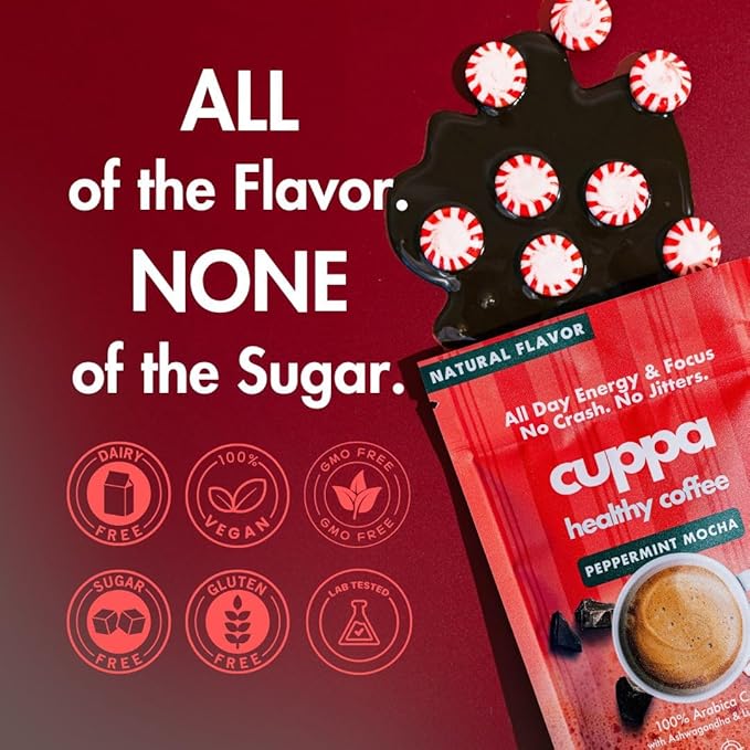 Cuppa Peppermint Mocha Mushroom Coffee with Adaptogens & Superfoods - Lion’s Mane, Ashwagandha & Cordyceps. Adaptogens + MCT to support natural energy, mental focus & gut health (30 Servings)
