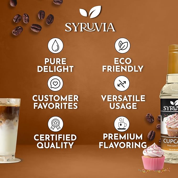Syruvia Coffee Syrup, Cupcake Flavored Syrup for Drinks, Lattes, and Desserts – 25.4 fl oz,