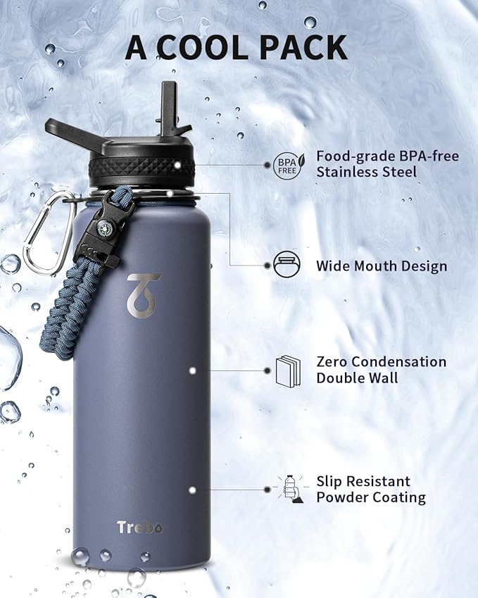 Trebo Water Bottle 40oz with Paracord Handle, Half Gallon Large Vacuum Double Wall Stainless Steel Insulated Water Jug with Holder Strap Straw Spout Lids, Leakproof Keep Cold & Hot, Grayish purple