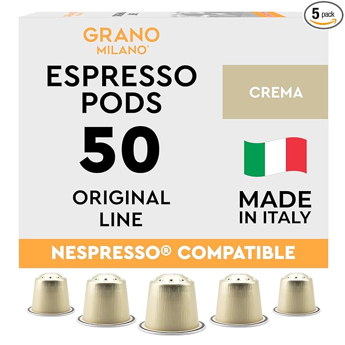 New Grano Milano Crema Coffee Capsules - 50 Aluminum Coffee Pods Compatible with Nespresso Original line, Medium Roast - Intensity 8/12, Made in Italy