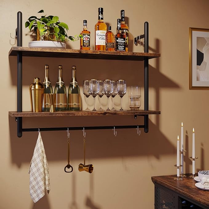 Bestier Pipe Shelf Industrial Floating Shelving 31" Kitchen Wall-Mounted Shelf with Towel Bar Hooks Coffee Bar Shelves Wine Hanging Display Rack Bookshelf Living Room Decor Bathroom-Rustic Brown