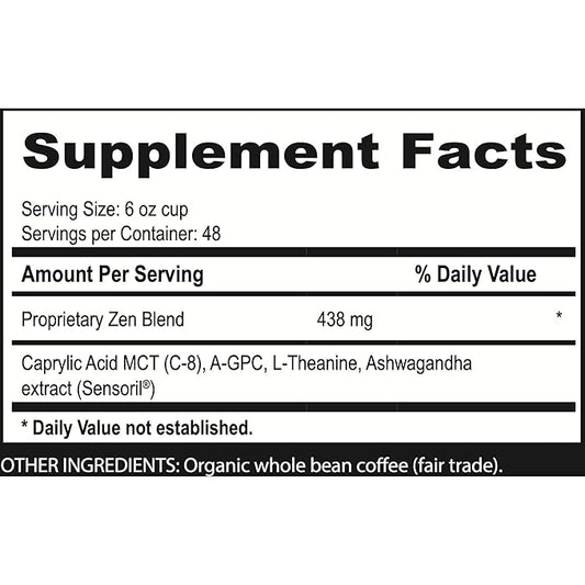 Brain Bean Zen-Blend Organic Coffee Whole Bean with Caprylic Acid MCT (C-8), A-GPC, L-Theanine & Ashwagandha Extract - Premium Grade Organic Coffee Beans for Focus & Calm Support (16 Oz)