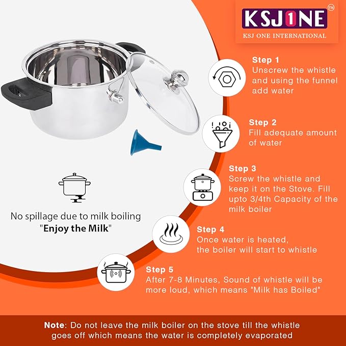 See Through lid Milk Boiler 67 oz/2000 ml Pot, Stainless Steel Double Wall Milk Cooker with Whistle and Funnel, Silver
