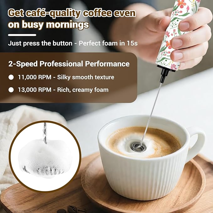 Milk Frother Handheld Rechargeable - 2-Speed Electric Whisk with 5 Detachable Heads (Frother/Mixer/Whisk) for Coffee, Latte, Cappuccino & Matcha, Drink Mixer (Flower 16)