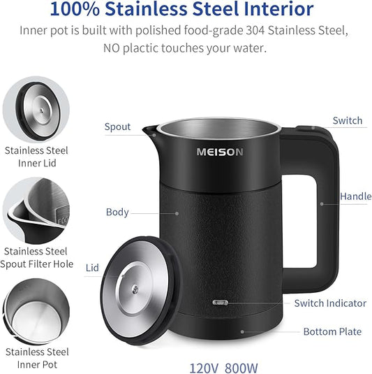 0.6L Small Electric Kettles Stainless Steel, Travel Mini Hot Water Boiler Heater, Double Wall Cool Touch Portable Teapot, Auto Shut-Off & Boil-Dry Protection, 120V/800W, 2 Year Warranty (Black)