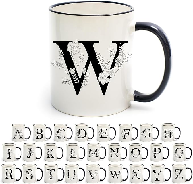 Monogram Ceramic Coffee Mugs, 11 oz Initial Drinking Cup with Gift Box, Unique Birthday Valentines Day Gifts for Women Wife Mothers Day Grandma Mom Aunt, W