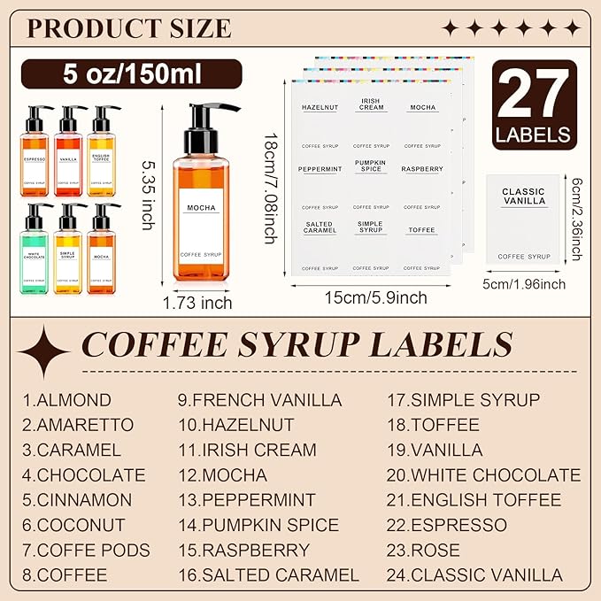 Nuogo 6 Pcs Coffee Syrup Dispenser Set 750ml, 500ml, 300ml, 150ml Pet Black Syrup Bottles with Pump Dispenser 27 Labels for Coffee Bar Kitchen Accessories Portable Travel(5 oz,Square)