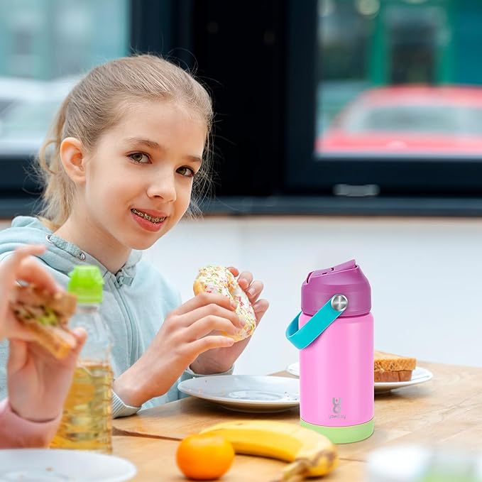 Kids Insulated Water Bottle with Straw Lid & Silicone Handle,12oz Kids Leak Proof Water Bottle for School Boys Girls,Double Wall Vacuum Stainless Steel with Non-slip Silicone Base(Pink)