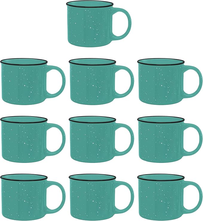DISCOUNT PROMOS Ceramic Campfire Coffee Mugs 13 oz. Set of 10, Bulk Pack - Perfect for Tea, Espresso, Cappuccino, Hot Cocoa - Mint