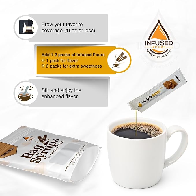 Single Serving Caramel Syrup Packets for Coffee and Cocktails - 6mL Each, 30 Count - Bag of Syrups by Infused Pours (6mL, Caramel)
