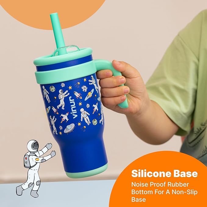 VINUR Kids Tumbler with Handle 14 oz Stainless Steel Double Wall Vacuum Insulated Tumbler with Lid and Straw, Leak Proof Water Cup for Travel (Astronaut)