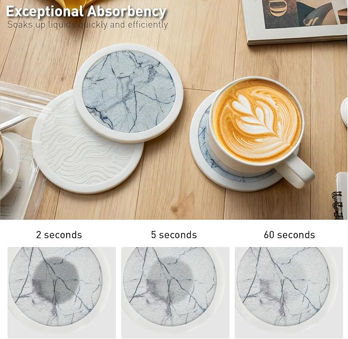 Set of 6 Non-Slip Silicone Coasters with Holder, Double-Sided Absorbent for Hot/Cold Drinks, Scratch & Water Ring Protection for Wood Tables, Home Office Bar, Black Gold Marble (White)