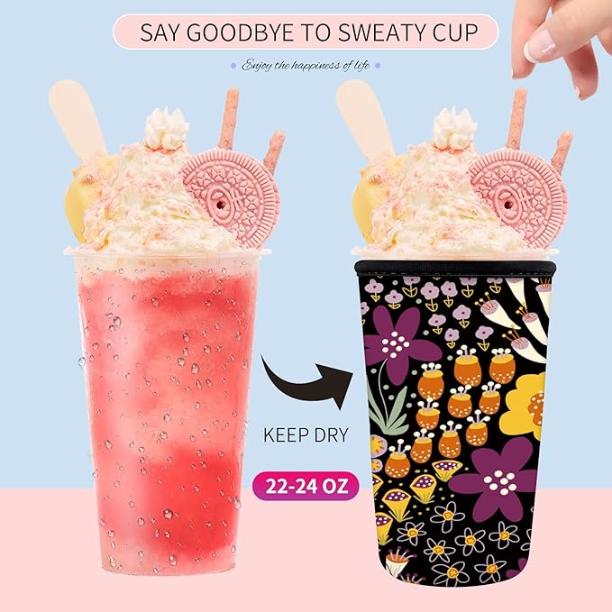 Reusable Neoprene Insulator Sleeve for Iced Coffee Cups, Medium 22-28oz Durable Drink Sleeve for Cold Beverages, Cute Beverage Holder Cup Sleeve for Women Men Cute Colorful Floral