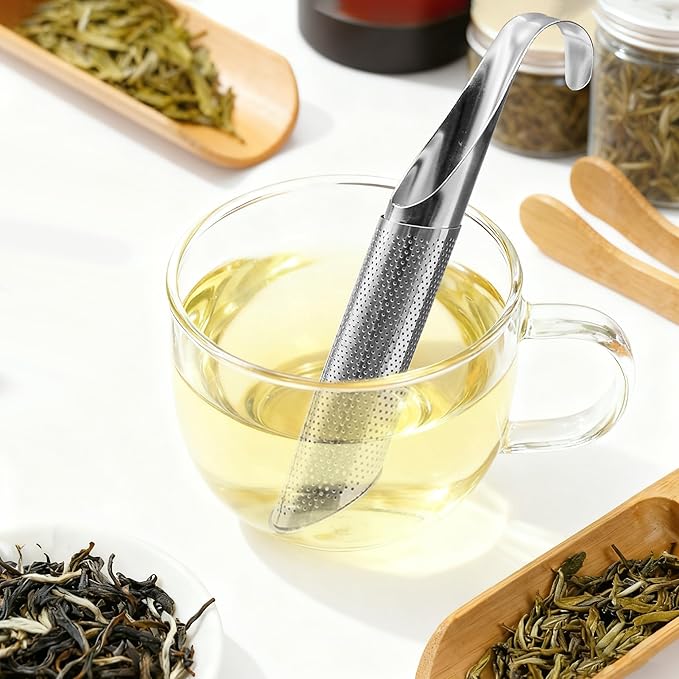 Stainless Steel Tea Infuser for Loose Leaf Tea – Reusable Tea Strainer with Long Handle, Cleaning Brush Drip Tray & Mini Spoon – Perfect for Single Cup Brewing at Home, Office, or Travel