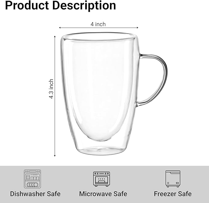 Double Wall Glass Coffee Mugs Set of 2 – 12oz Insulated Borosilicate Glass Cups with Handles – Clear Coffee, Tea & Latte Mugs