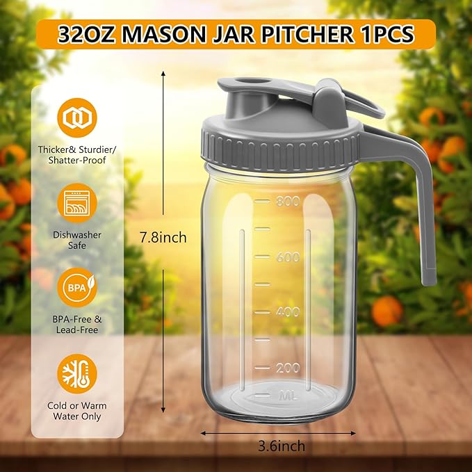 1Pc Wide Mason Jar Pitcher,32oz Glass Pitcher with Lid Double Leak-proof with Handle Water Jug Wide Mouth Breast Milk Fridge Container for Water, Juice (32oz Grey)
