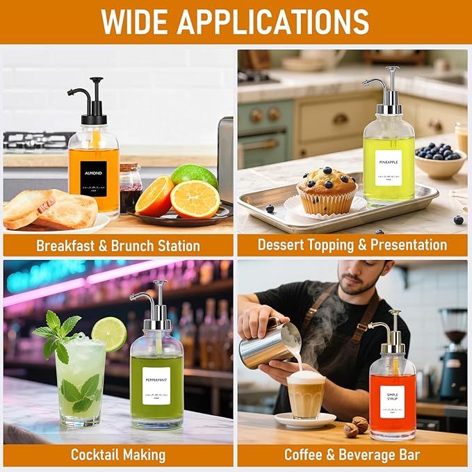 Coffee Syrup Dispenser 16.9 Oz 2 Pack, 500ml Glass Bottle with Black Plastic Pump for Coffee Bar, Includes 36 Stickers & Marker - Reusable Syrup Bottles