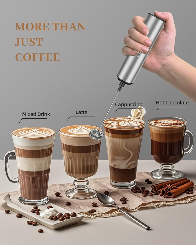 INFOOD Milk Frother Rechargeable with Cover - Coffee Frother Wand, Drink Mixer Handheld with 2 Detachable Stainless Whisks 2 Speed Adjustable for Latte, Cappuccino, Hot Chocolate, Egg, Silver