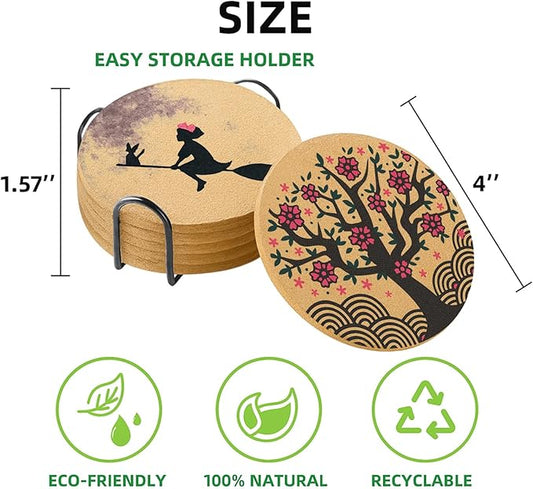 Coasters for Drinks with Holder Set of 6, Japanese Cork Coasters Absorbent Animation for Office Desk Cup Table Coaster Kitchen Decor Inspired House Warming Gifts for New Home Couples, Round 4"