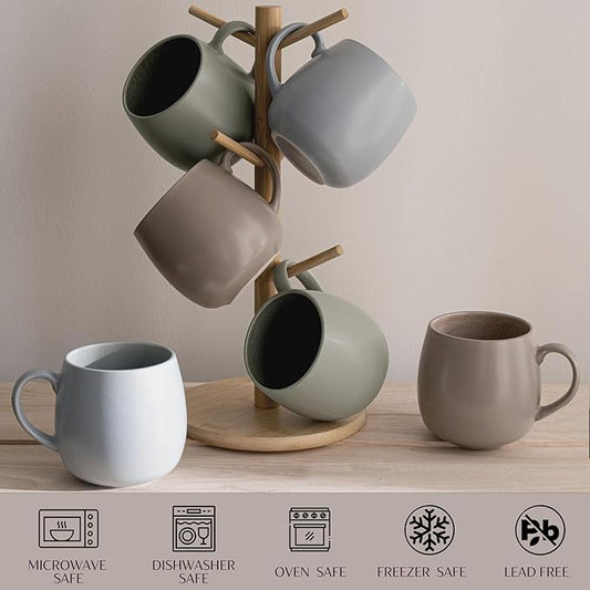 Ceramic Coffee Mugs Set of 6, 14oz - Modern Scandinavian Aesthetic Cup- Microwavable Stoneware Coffee Cups with Comfortable Handle - Tea Mug Set for Latte, Cappuccino, Soup - Soft Sage Green