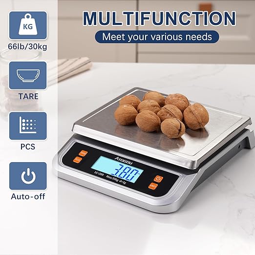 Atogou 66lb Food Scale, Commercial Kitchen Scale Plug-in Usable with Full View LCD Display, Stainless Steel, for Baking, Bread, Cooking, Meat, Vegetables, Farm, Industry LC200 Grey